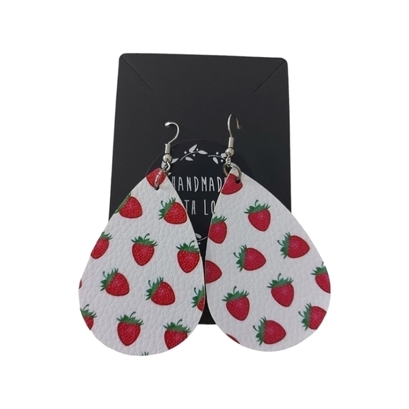 Handcrafted Vegan Leather Strawberry Earrings - Picture 2 of 3